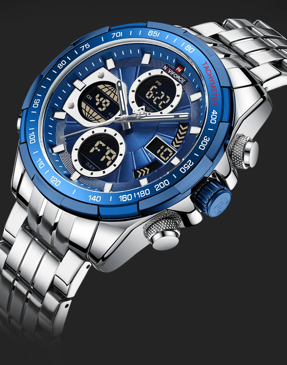 NAVIFORCE 9197  Classic Men's Watch Quartz Digital Military Sport Silver Stainless Steel Wristwatch