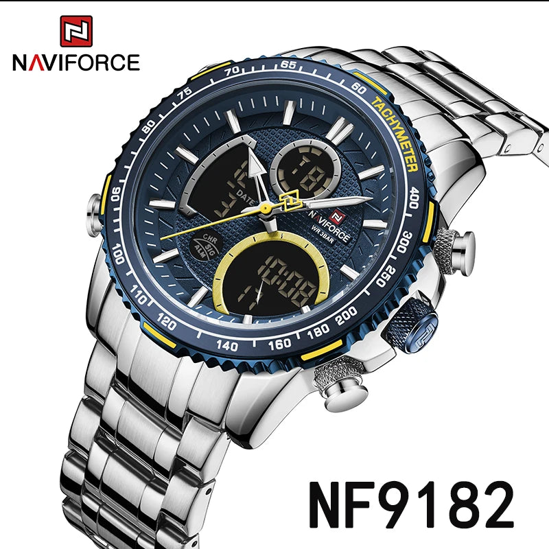 NAVIFORCE  Watch Men Stainless Steel Sport Male Clock Digital Quartz Army Waterproof Wristwatch