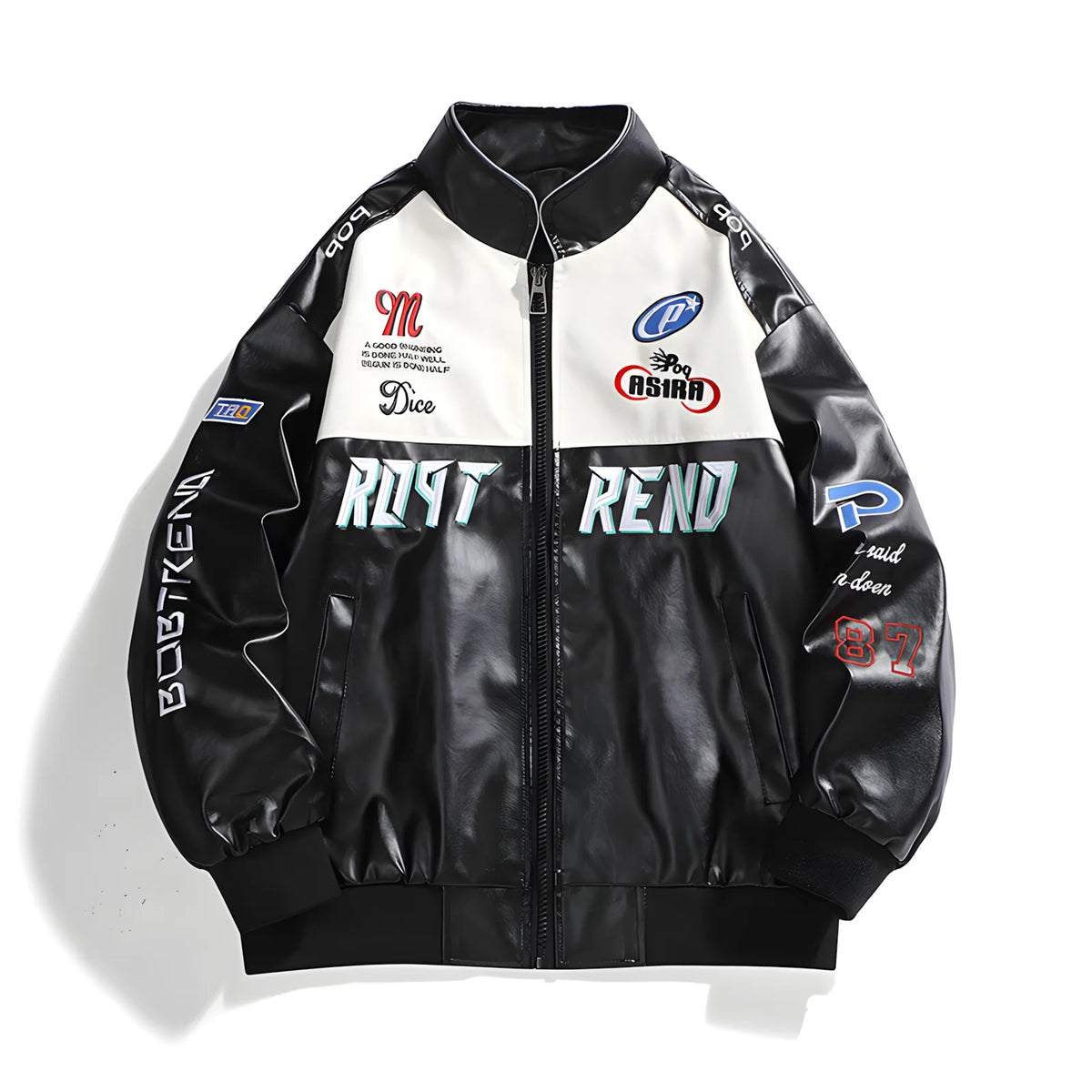 Men's retro racing style PU leather jacket Color blocking patchwork badge pattern stand up collar loose fit Motorcycle Street