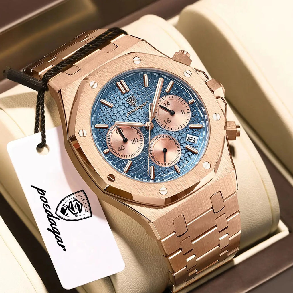 POEDAGAR Luxury Men's Watches Stainless Steel Date Chronograph Watch Waterproof Luminous Military Quartz Watche