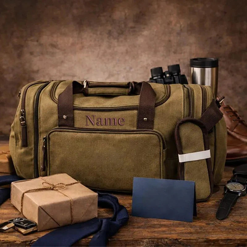 Personalized Custom  Canvas Duffle Bag Men's Monogrammed Overnight Weekender Expandable Gym Bag