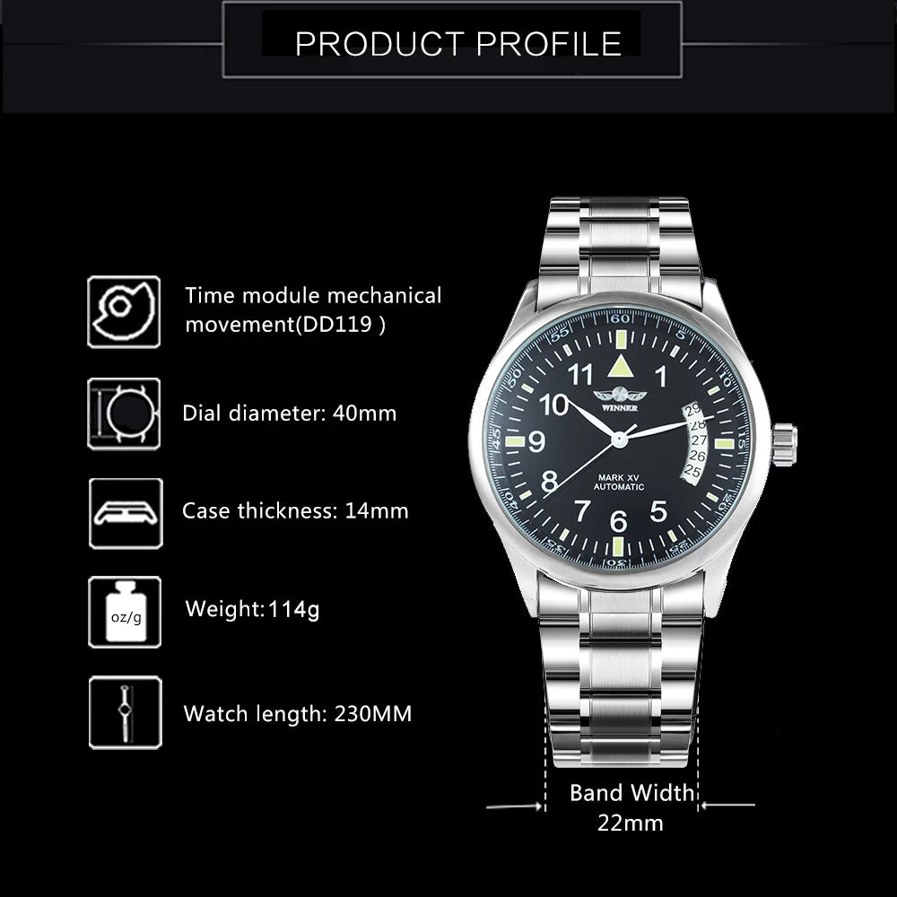 WINNER Business Automatic Watch for Men  Black Dial Fashion Leather Strap Luxury Brand Mechanical Watches