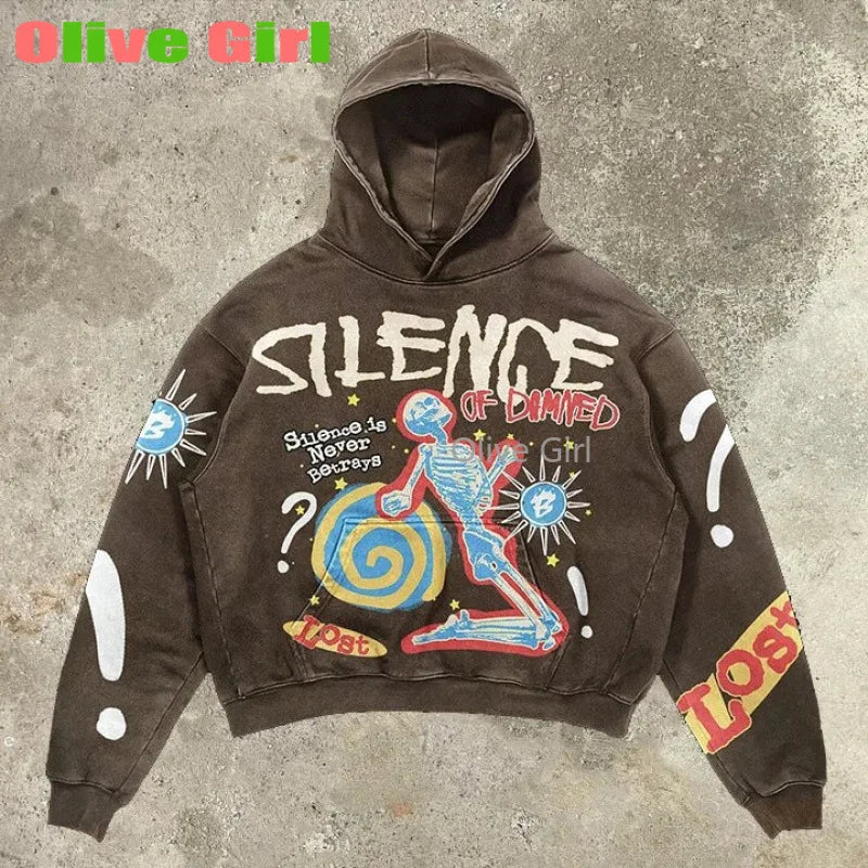 Outerwear Harajuku Fashion Retro Skull Print Hoodie Streetwear Hooded for Men's and Women's