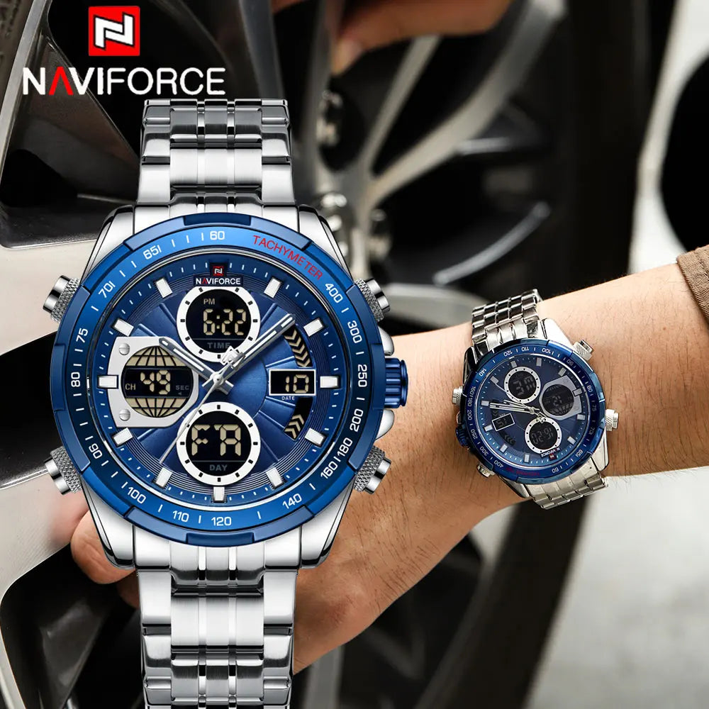 NAVIFORCE 9197  Classic Men's Watch Quartz Digital Military Sport Silver Stainless Steel Wristwatch